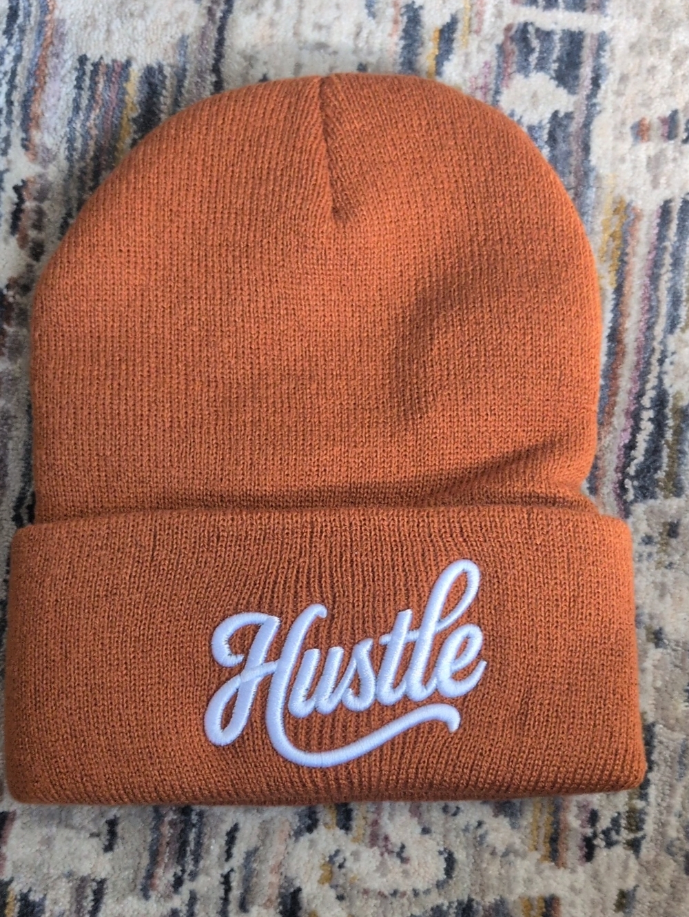 Hustle Embroidered Burnt Orange Knit Beanie - Men